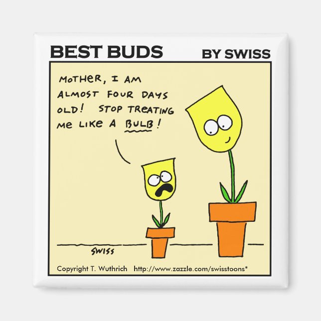 Funny Yellow Tulips Mother and Daughter Cartoon Magnet (Front)