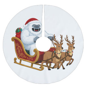 Funny Yeti Riding a Christmas Sleigh Riding Brushed Polyester Tree Skirt