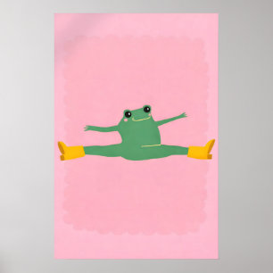 Funny Yoga Frog Split Poster, Pink Playful Cartoon Poster