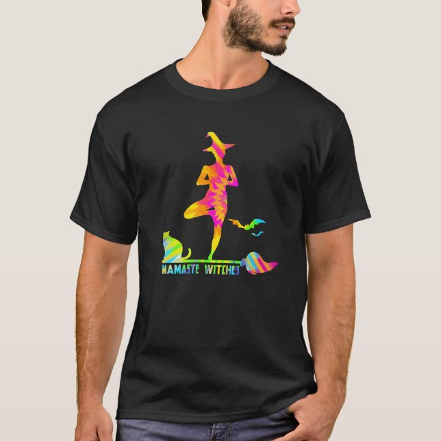 Funny Yoga Halloween Quote - Namaste Witches - Hum T-Shirt (Front)