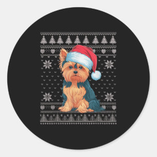 Funny Yorkie Dog Ugly Christmas Sweater Santa Xmas Classic Round Sticker