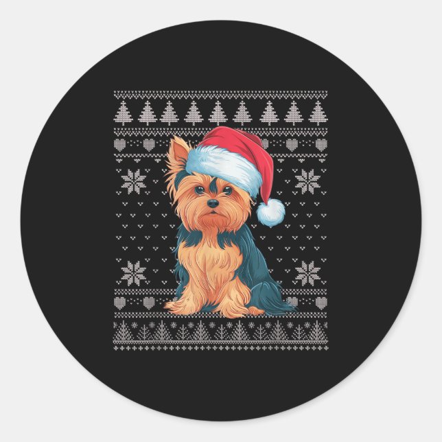 Funny Yorkie Dog Ugly Christmas Sweater Santa Xmas Classic Round Sticker (Front)