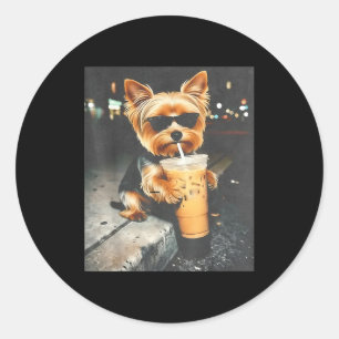 Funny yorkie drinking iced coffee cute dog meme classic round sticker