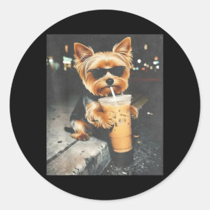 Funny Yorkie Drinking Iced Coffee Cute Dog Meme Classic Round Sticker