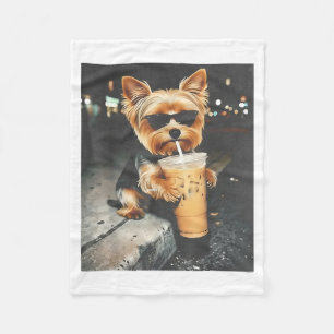 Funny Yorkie Drinking Iced Coffee Cute Dog Meme Fleece Blanket