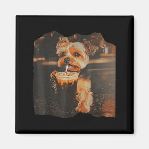 Funny Yorkie Drinking Iced Coffee Cute Dog Meme Magnet