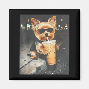 Funny Yorkie Drinking Iced Coffee Cute Dog Meme Magnet