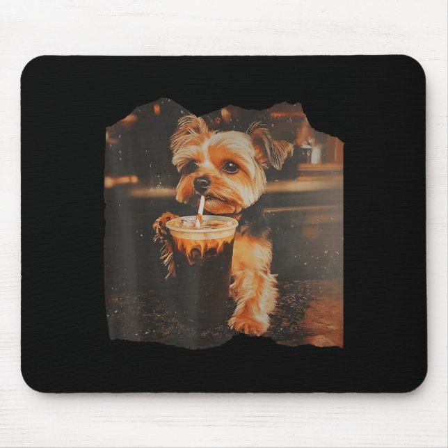 Funny Yorkie Drinking Iced Coffee Cute Dog Meme Mouse Pad (Front)