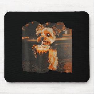 Funny yorkie drinking iced coffee cute dog meme mouse pad
