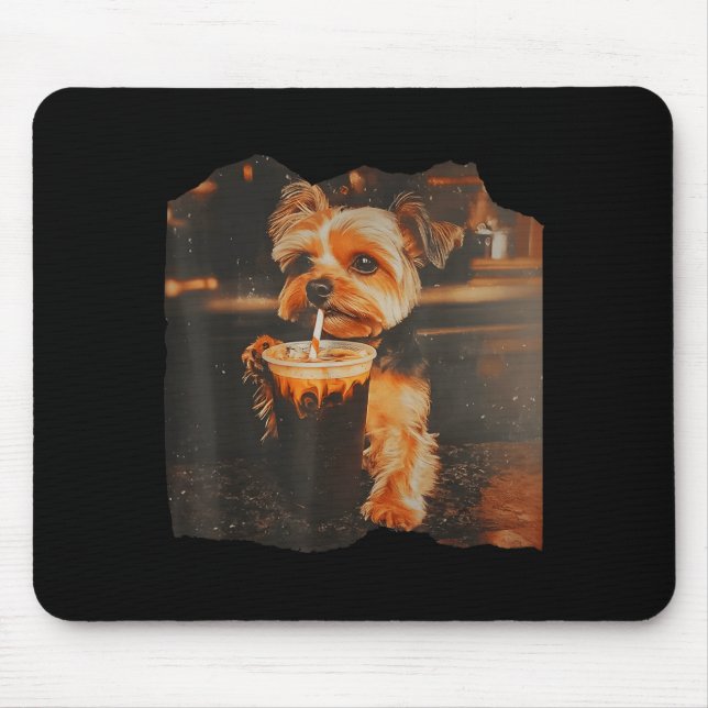Funny yorkie drinking iced coffee cute dog meme mouse pad (Front)