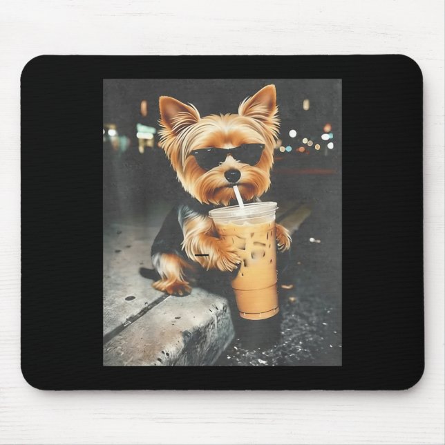 Funny Yorkie Drinking Iced Coffee Cute Dog Meme Mouse Pad (Front)