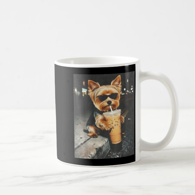 Funny Yorkie Drinking Iced Coffee Cute Dog Meme Mug (Right)