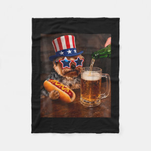 Funny yorkie meme drinking beer hotdog 250th fleece blanket