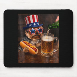 Funny Yorkie Meme Drinking Beer Hotdog 250th Mouse Pad