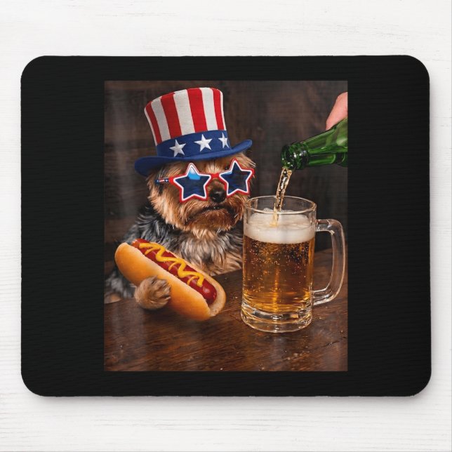 Funny Yorkie Meme Drinking Beer Hotdog 250th Mouse Pad (Front)