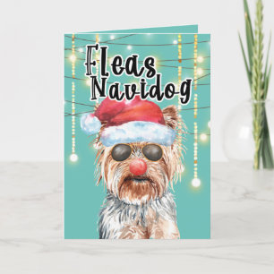 Funny Yorkie Santa in lights happy holidays Card