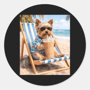Funny Yorkie Sungles Drinking Iced Coffee Dog Meme Classic Round Sticker