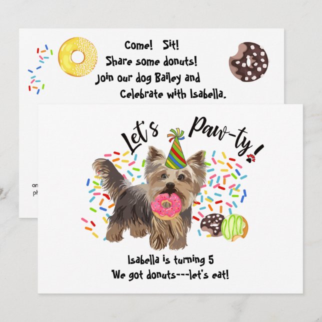 Funny Yorkshire Terrier Dog Doughnuts Birthday Par Invitation (Front/Back)