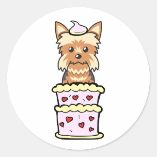 Funny yorkshire terrier jumping out of a cake classic round sticker