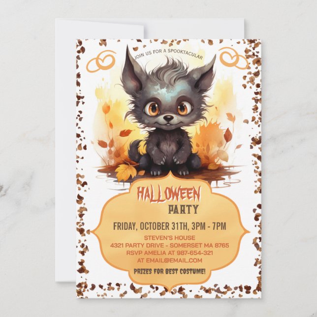 Funny Young Werewolf and Pumpkin  Watercolor Invitation (Front)