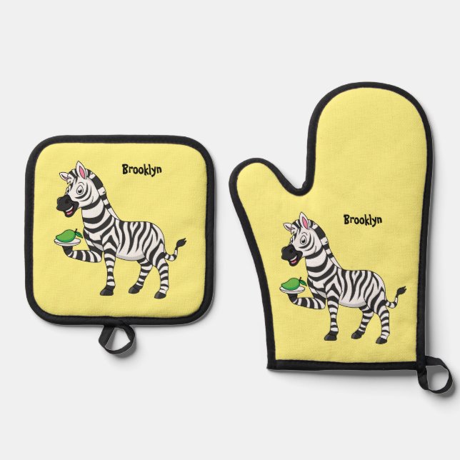 Funny zebra cartoon illustration oven mitt & pot holder set (Front)