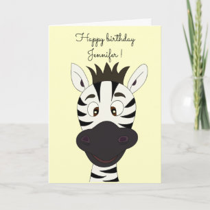 Funny zebra cartoon yellow kids birthday card