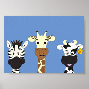 Funny zebra giraffe cow cartoon kids poster