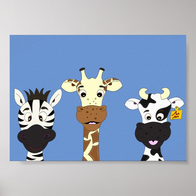 Funny zebra giraffe cow cartoon kids poster (Front)