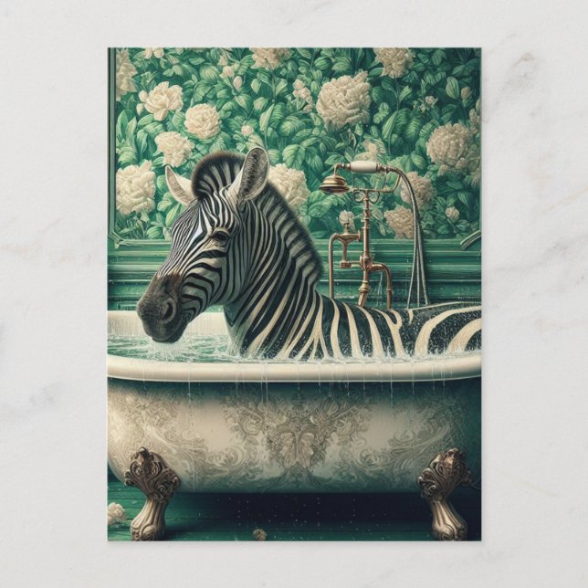 Funny Zebra in a Bathtub Floral Bathroom Postcard (Front)