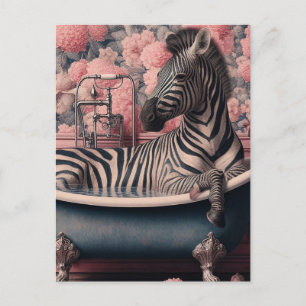 Funny Zebra in a Bathtub in a Pink Floral Bathroom Postcard