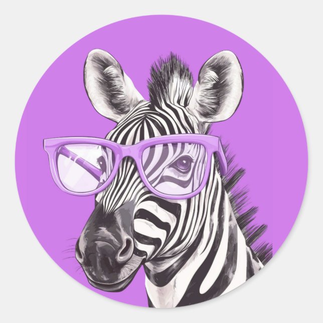 Funny Zebra Round Sticker with Purple Glasses  (Front)