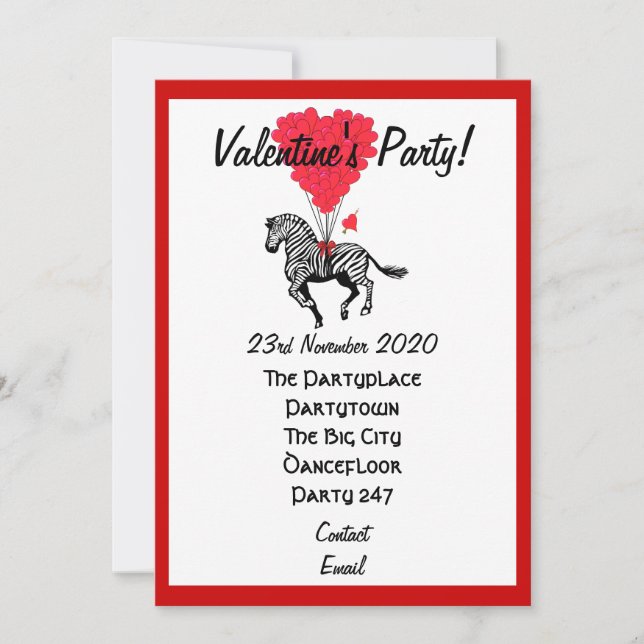 Funny zebra valentines party invitation (Front)