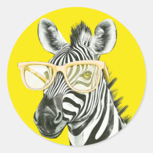 Funny Zebra with Yellow Glasses   Cute Classic Round Sticker