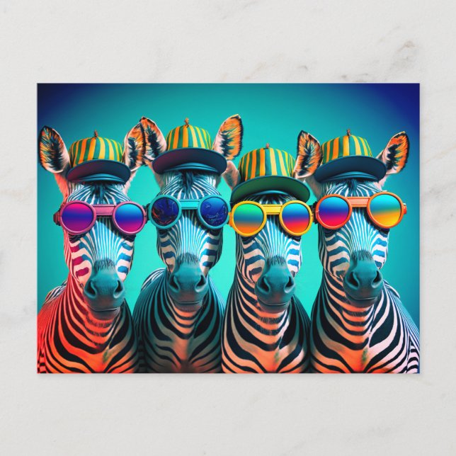 Funny Zebras Cute Zoo Animals Party Hats Glasses Postcard (Front)