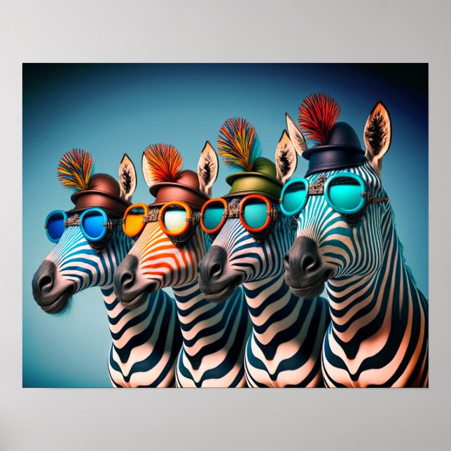 Funny Zebras Cute Zoo Animals Party Hats Glasses Poster (Front)