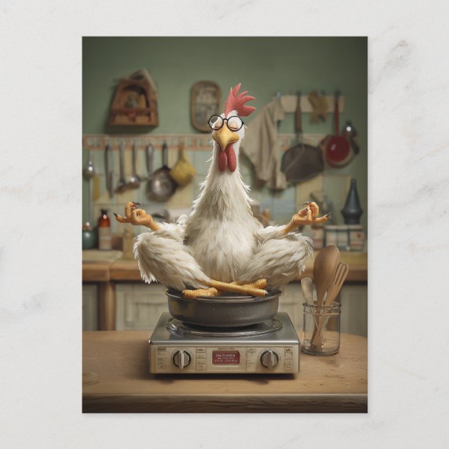 Funny Zen Chicken Cooking Scene Postcard (Front)