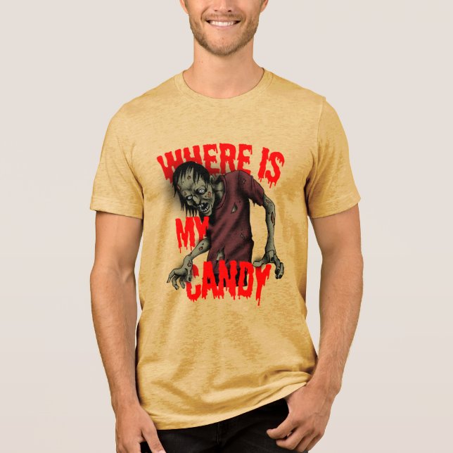 Funny Zombie Candy Halloween Horror Gag Tri-Blend Shirt (Front)