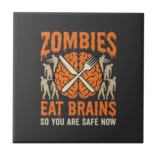 Funny Zombie Eat Brains Halloween Vector Design Ceramic Tile (Front)