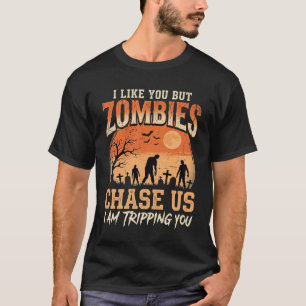 Funny Zombies Halloween Chase Us Design T-Shirt