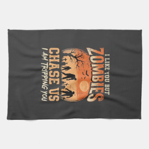 Funny Zombies Halloween Chase Us Design Tea Towel