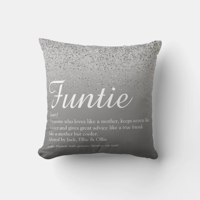 Funtie Aunt Auntie Definition Silver Glitter Cushion (Front)