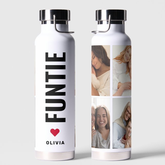 Funtie | Fun Cool Aunt Custom Name 4 Photo Collage Water Bottle (Creator Uploaded)