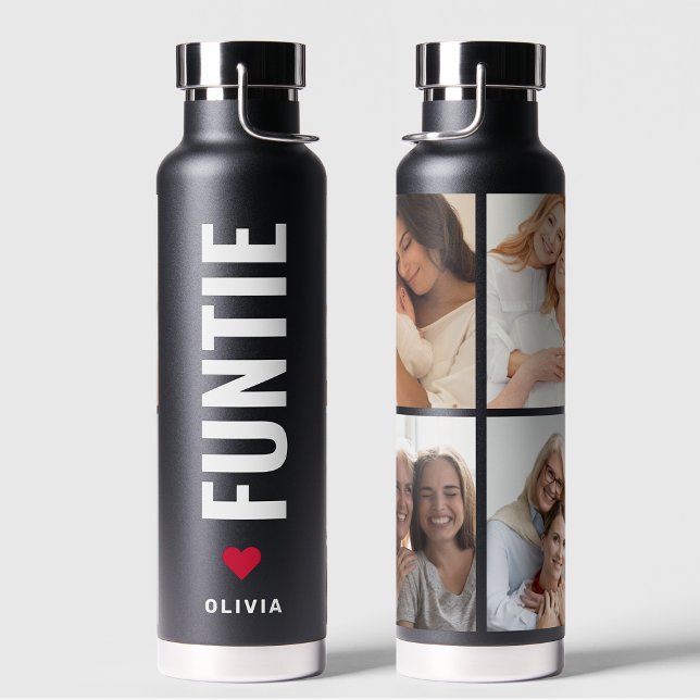 Funtie | Fun Cool Aunt Custom Name 4 Photo Collage Water Bottle (Creator Uploaded)