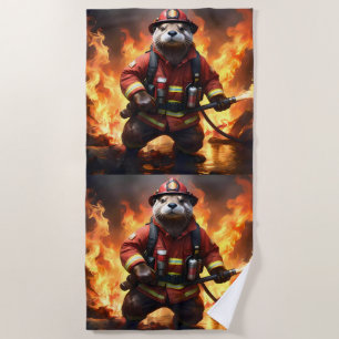 **"Fur and Flames: The Otter Fireman’s Backburning Beach Towel