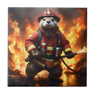 **"Fur and Flames: The Otter Fireman’s Backburning Ceramic Tile