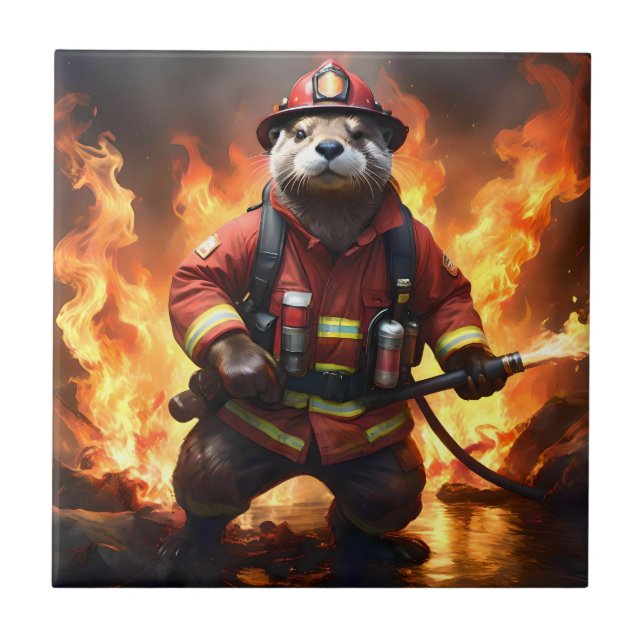 **"Fur and Flames: The Otter Fireman’s Backburning Ceramic Tile (Front)