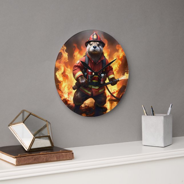 **"Fur and Flames: The Otter Fireman’s Backburning Large Clock (Office)