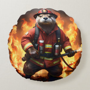 **"Fur and Flames: The Otter Fireman’s Backburning Round Cushion