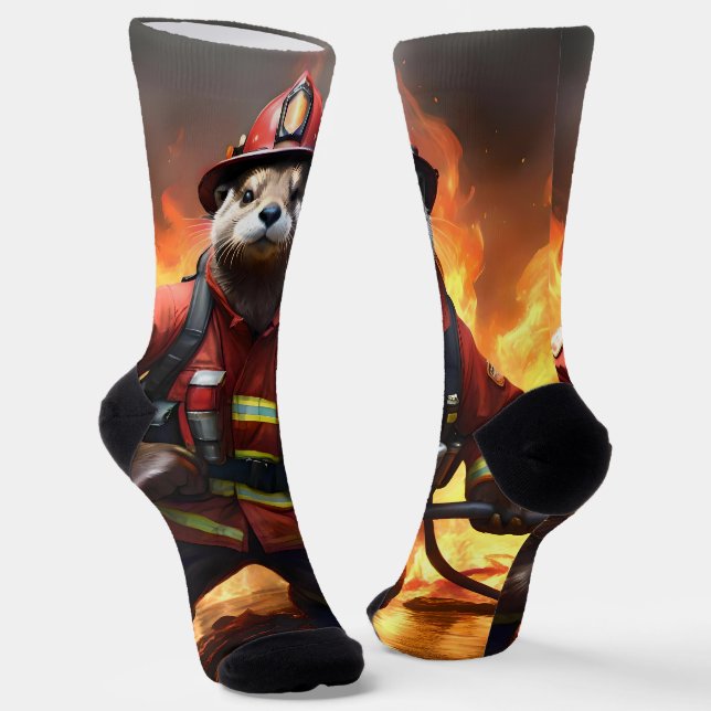 **"Fur and Flames: The Otter Fireman’s Backburning Socks (Angled)