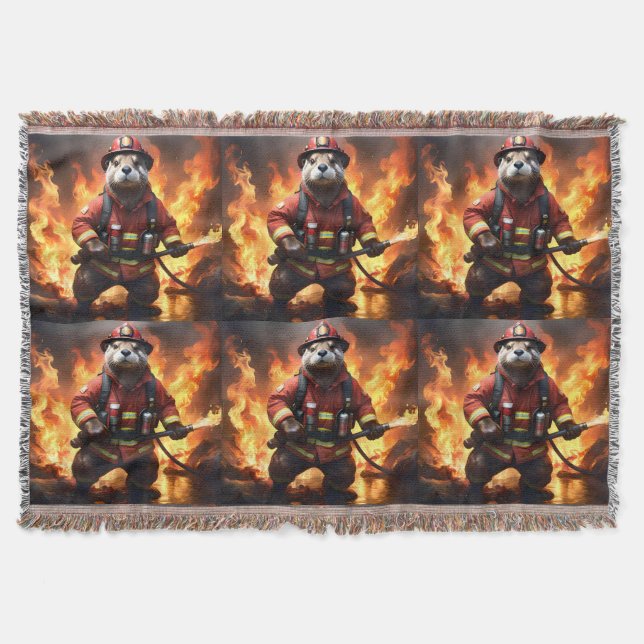 **"Fur and Flames: The Otter Fireman’s Backburning Throw Blanket (Front)